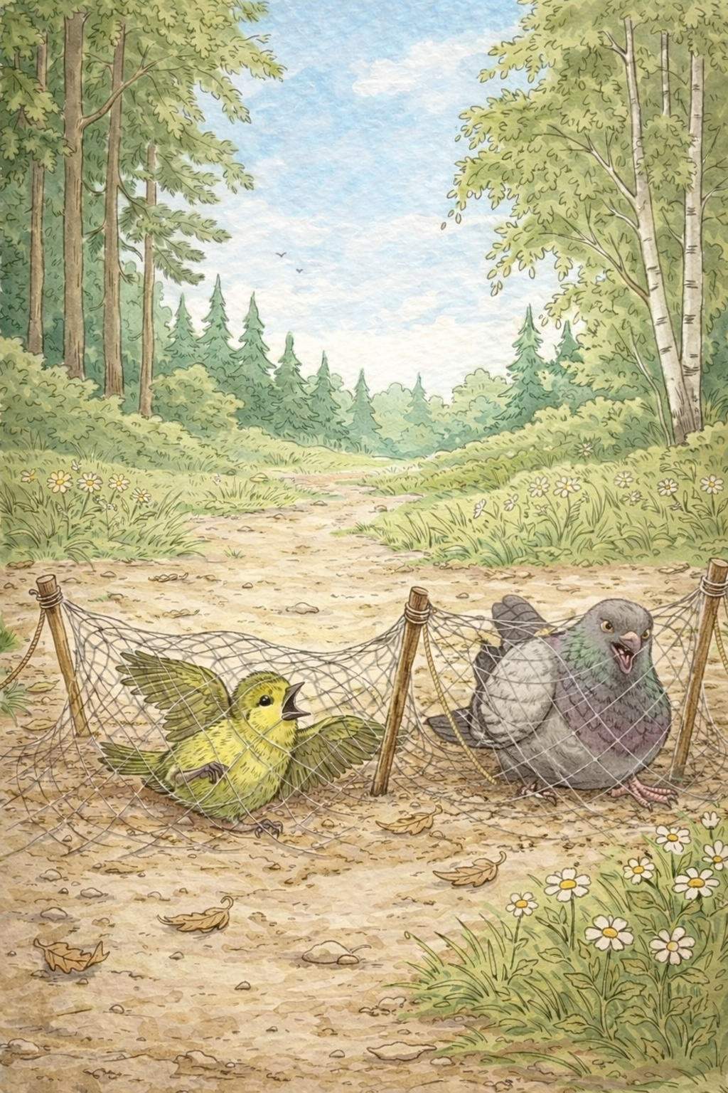 Голубь сам запутался в силке рядом с Чижом