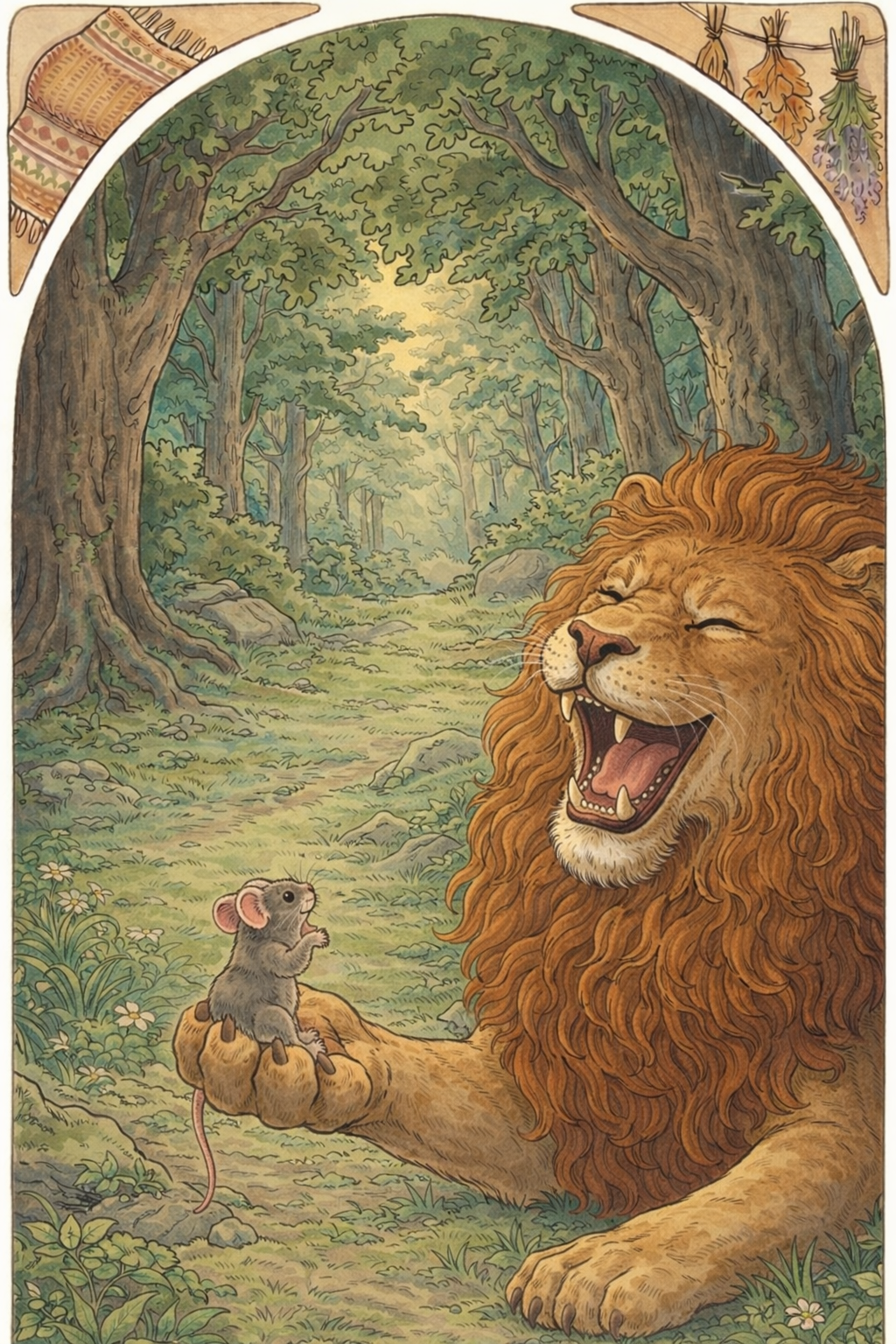 Лев смеётся, держа мышь на лапе