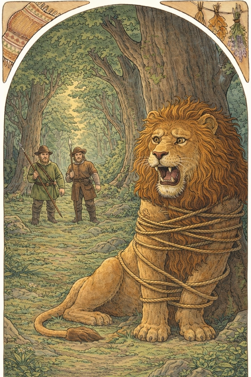 Охотники привязали льва верёвкой к дереву