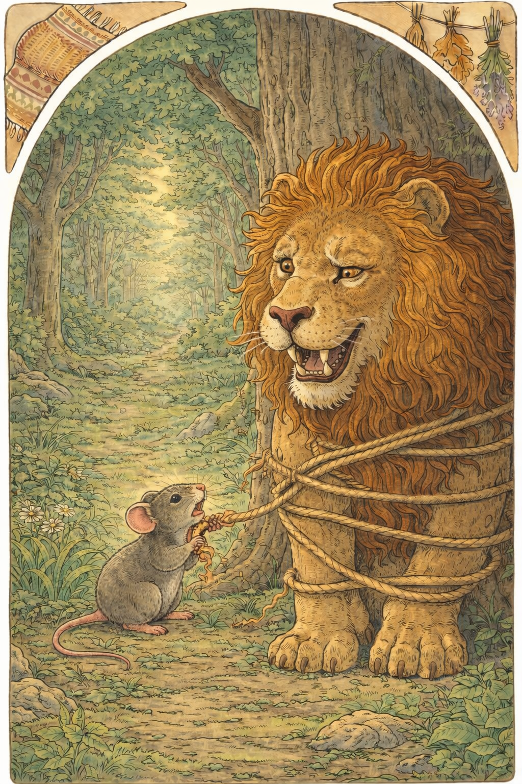 Мышь перегрызает верёвку и спасает льва