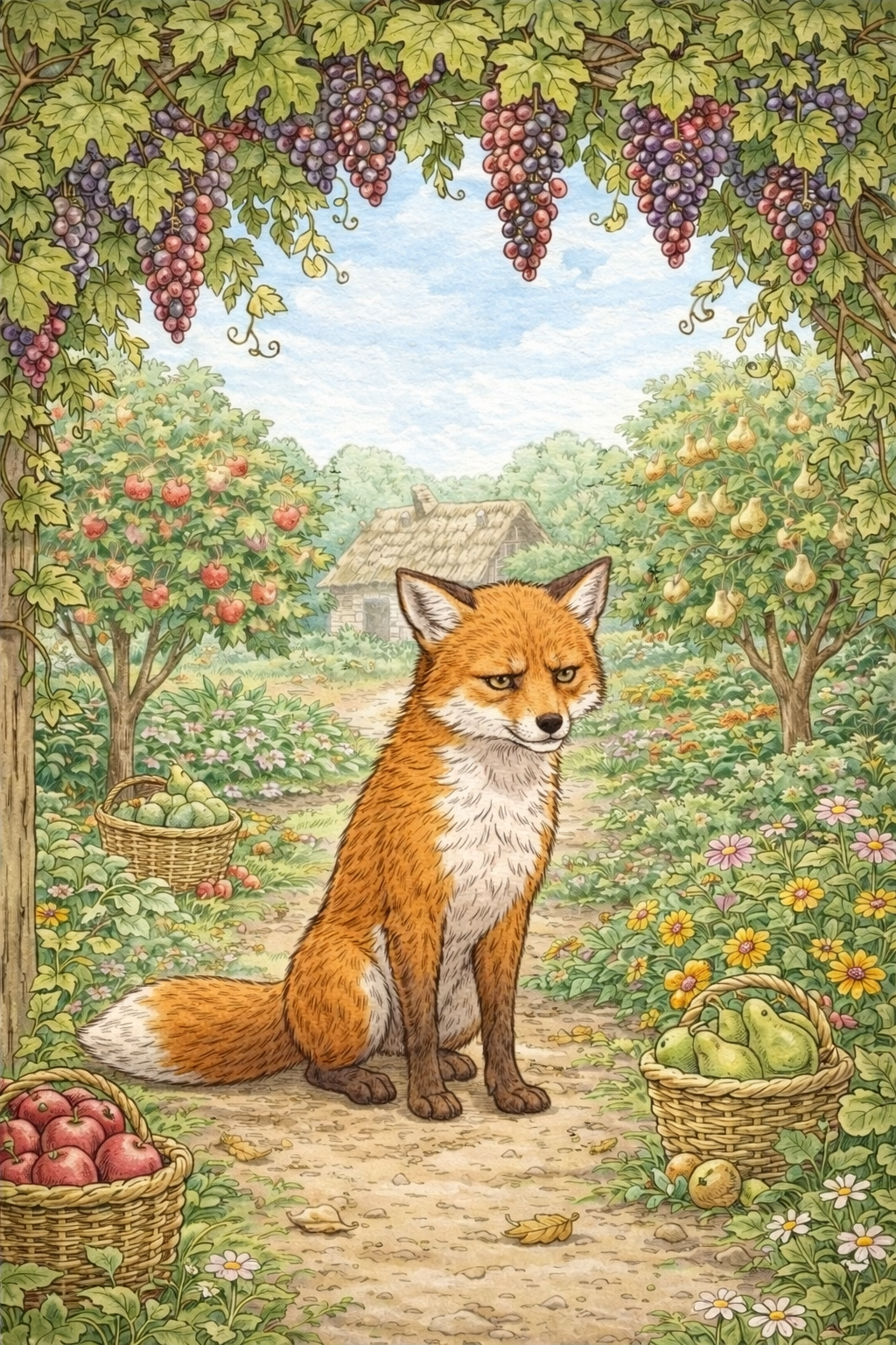 Лисица с досадой сидит под высоким виноградом