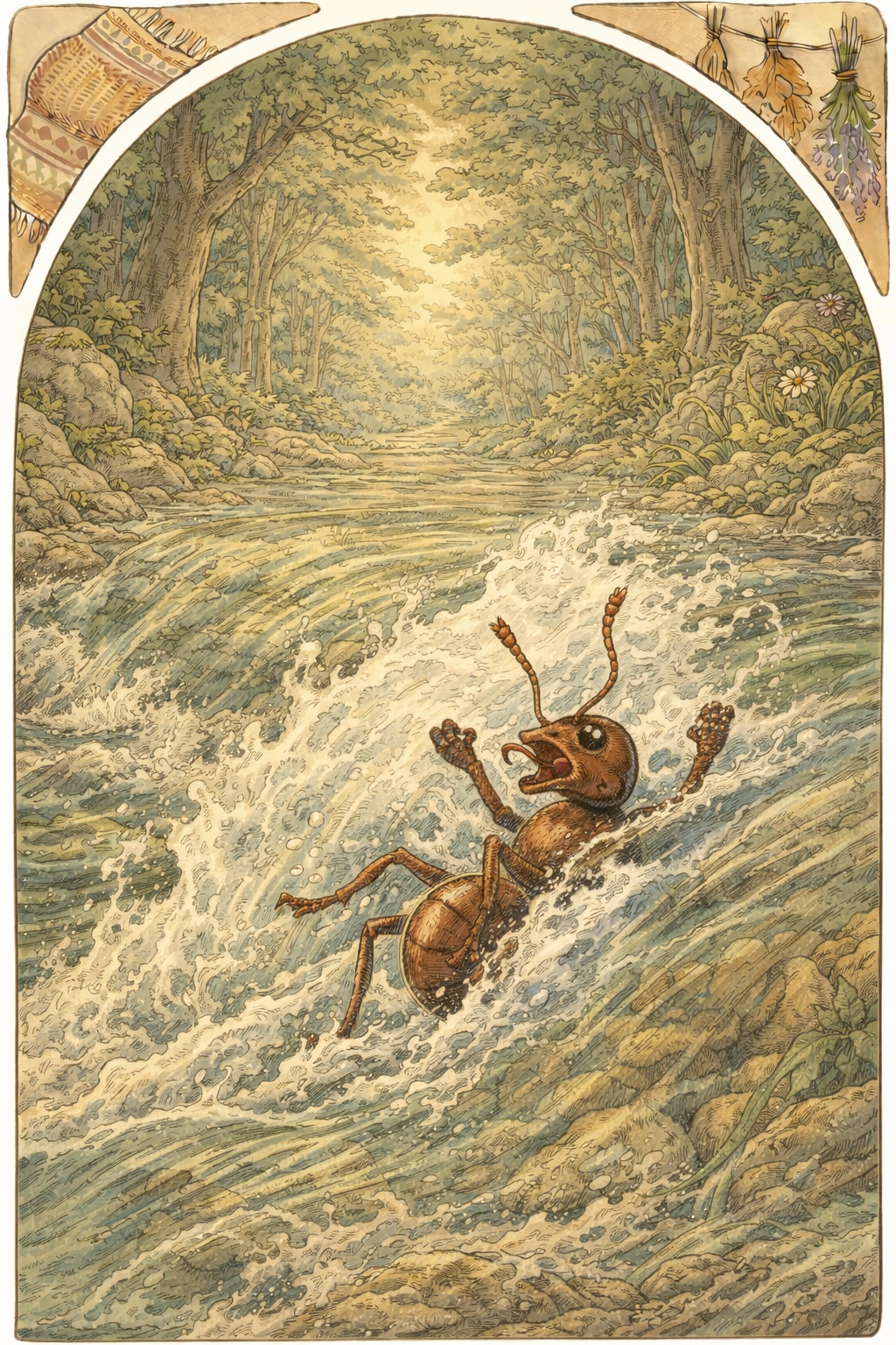 Муравья несёт волной в ручье