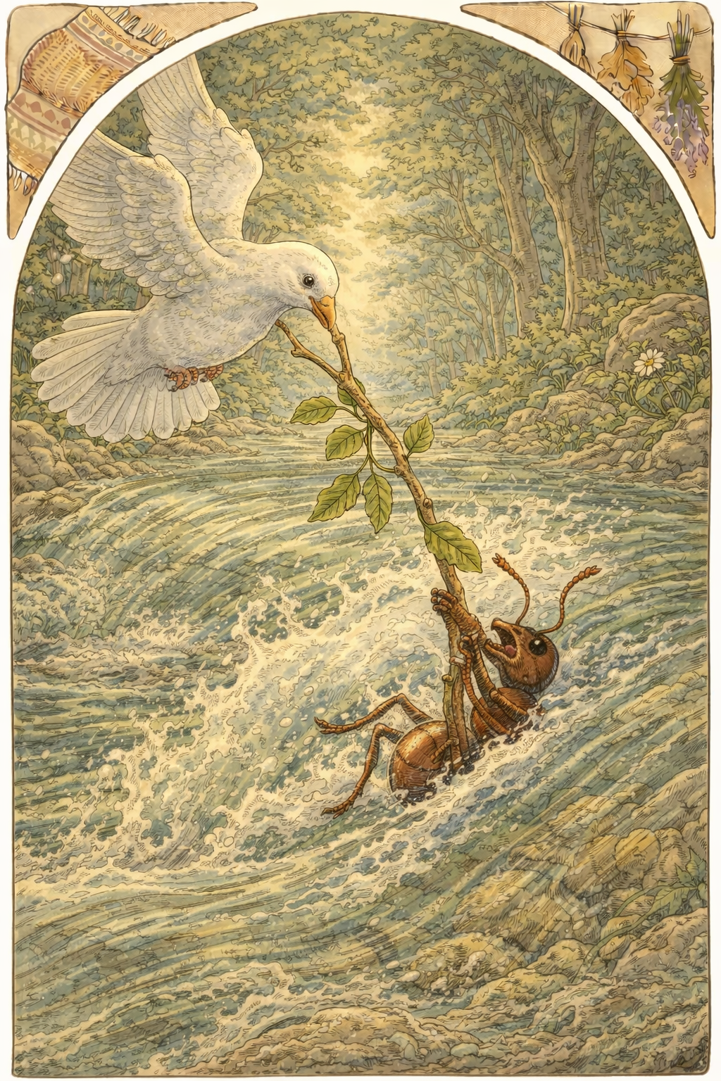 Голубка бросает ветку муравью