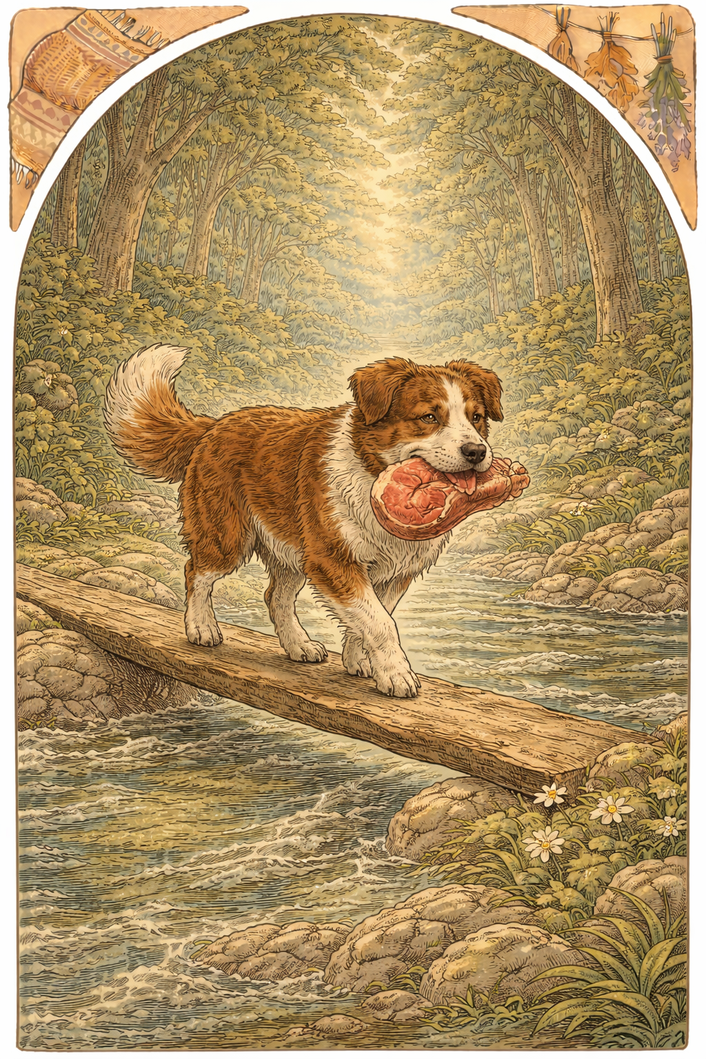 Собака несёт мясо по дощечке через речку