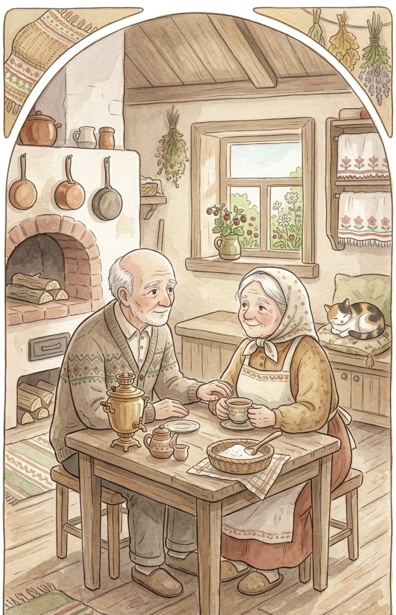 An old man and an old woman sit at a table in a village house