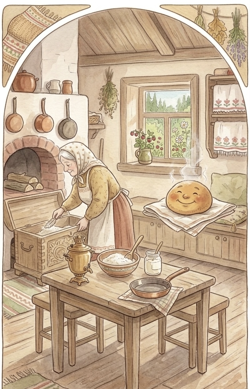 The old woman cooks while Kolobok cools on the windowsill