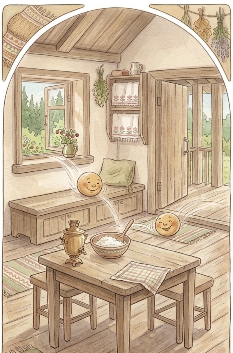 Kolobok rolls from the house toward the open door