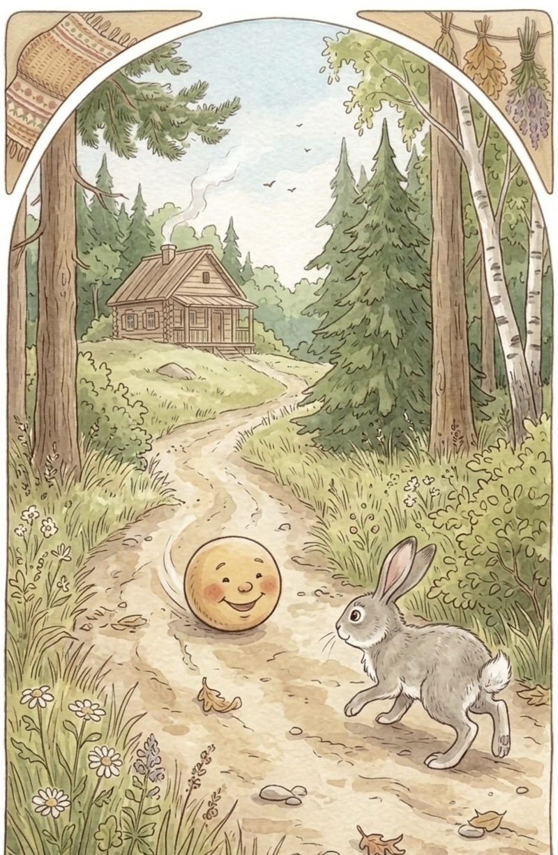 Kolobok meets a hare on the forest road