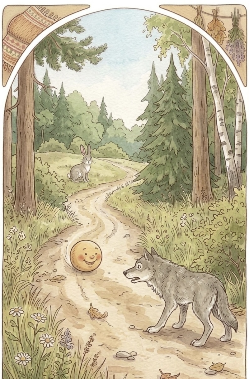 Kolobok meets a wolf on the forest road