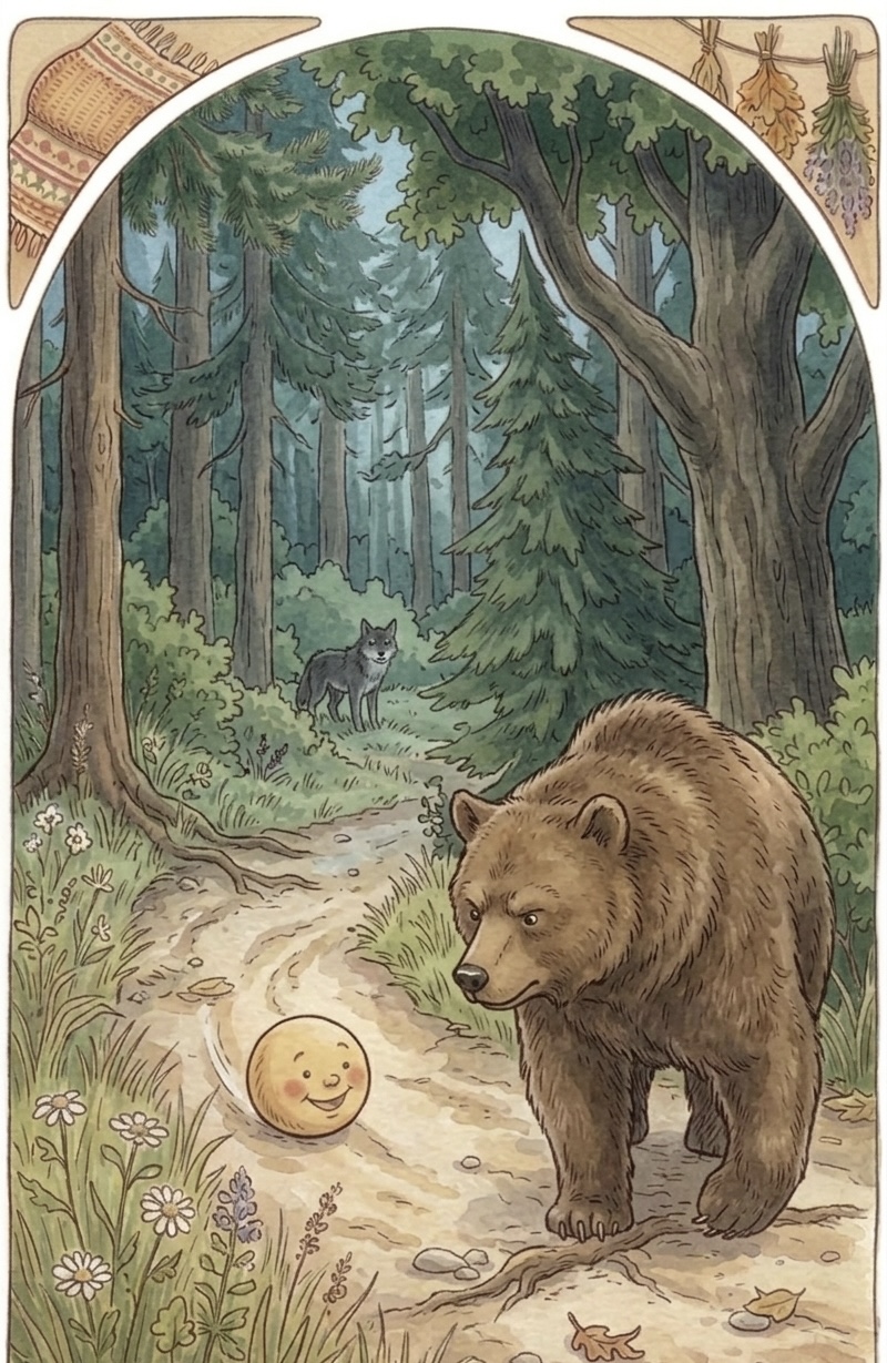 Kolobok meets a bear in the forest