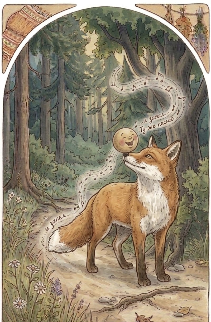 Kolobok sits on the fox's snout and sings