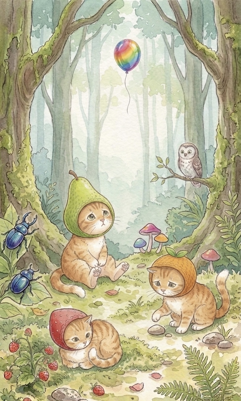 The kittens run after the rainbow balloon