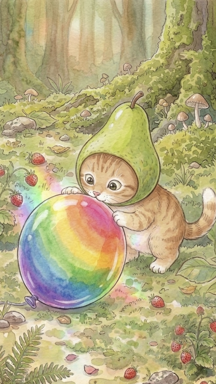 Pear nudges the rainbow balloon with his nose