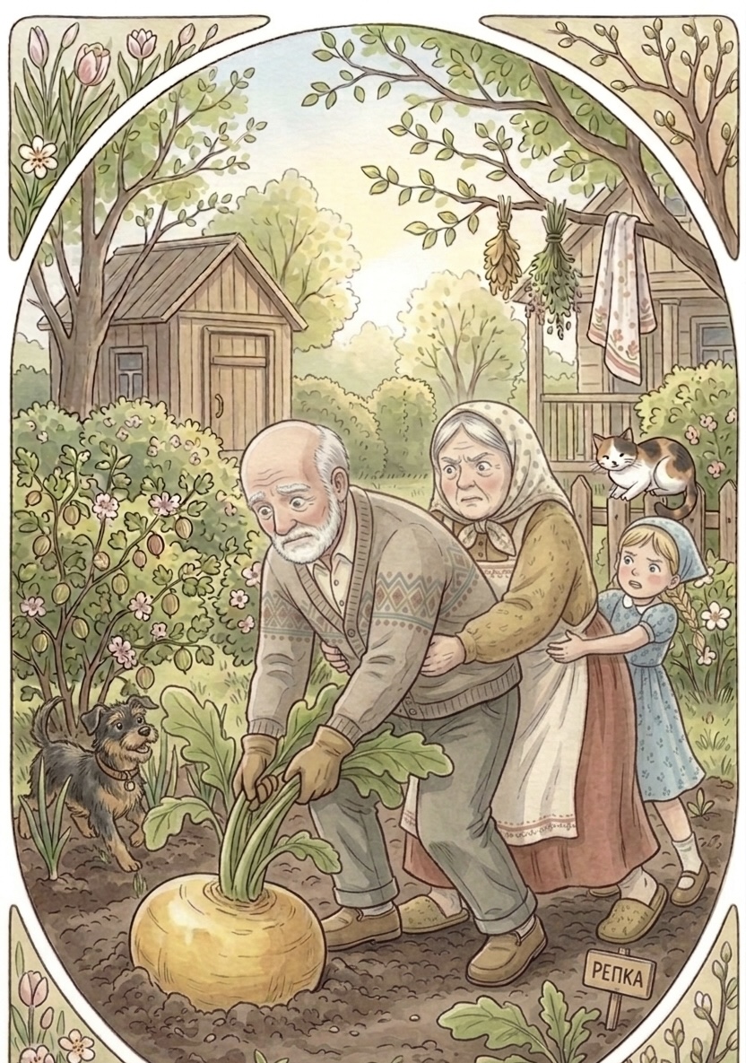 Собачка Жучка бежит помогать тянуть репку