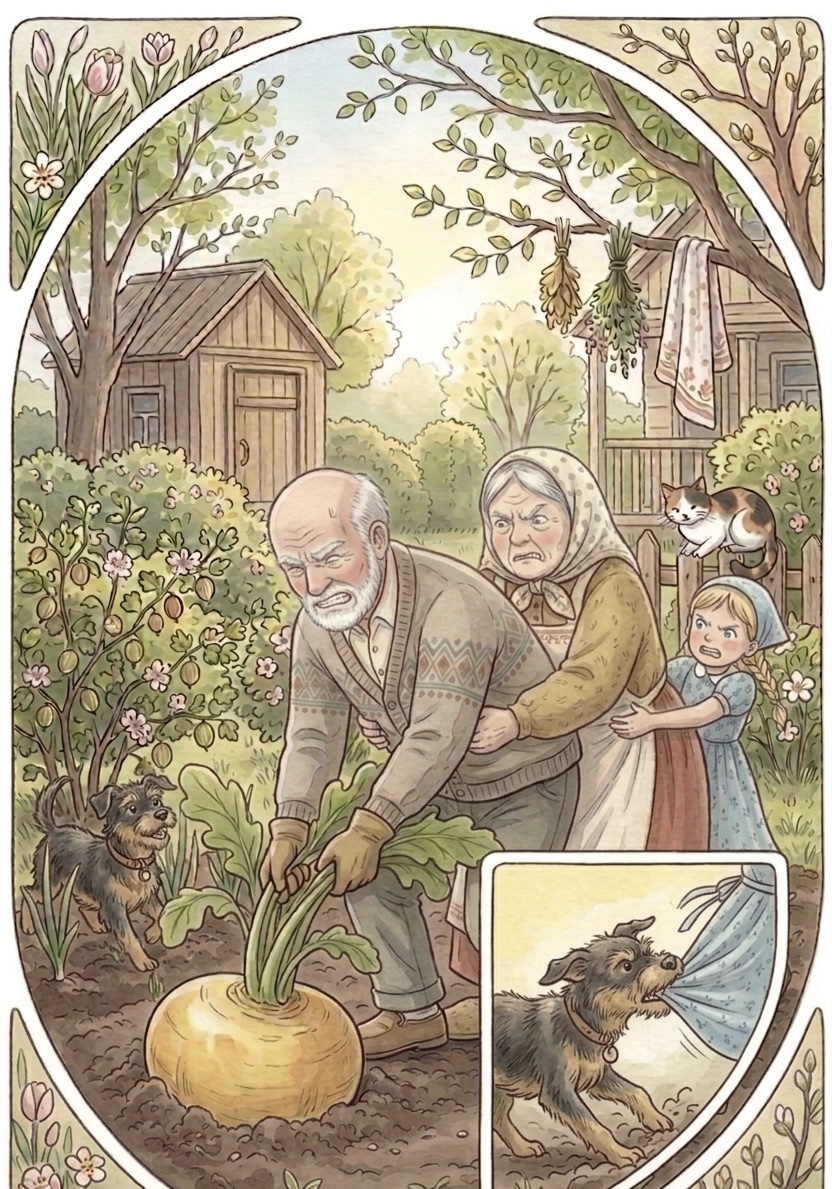 Жучка помогает дедушке, бабушке и внучке тянуть репку