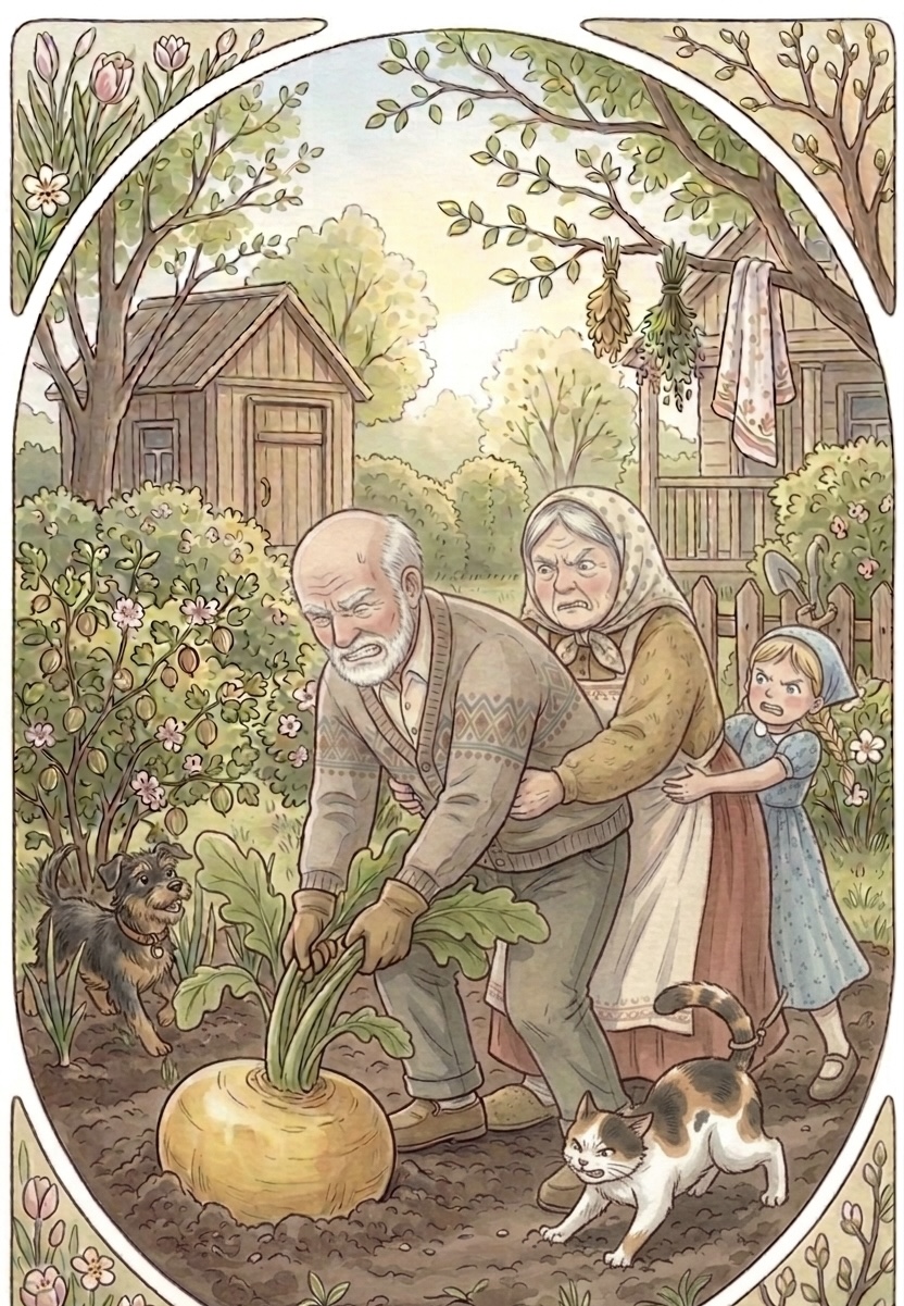 Кошечка Мурка подбегает помогать тянуть репку