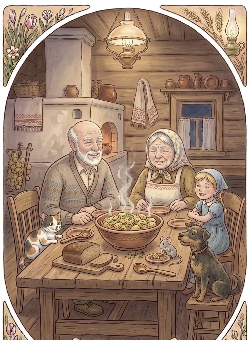 Все герои сказки сидят за столом и радуются общей помощи