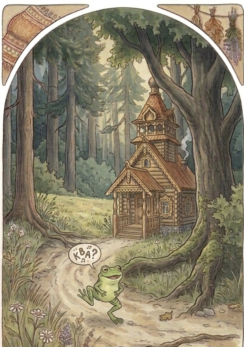 A frog hops toward the teremok